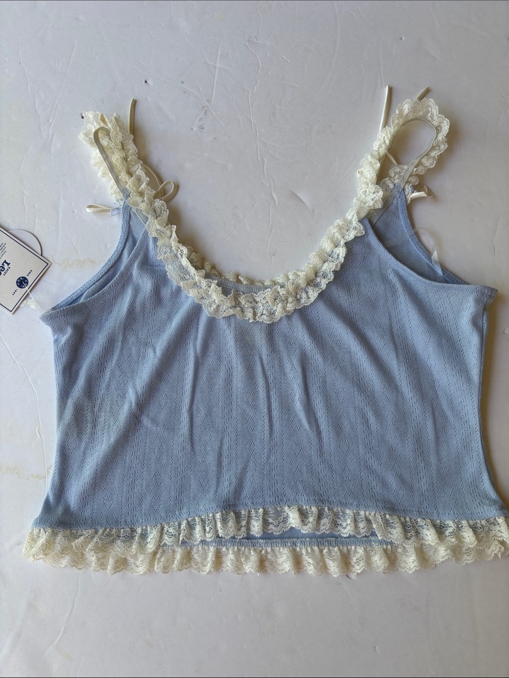 New Kacey Lee Cami Boy Short Coquette Sleepwear Blue Lace Medium Lounge Bow Cute - Picture 11 of 17
